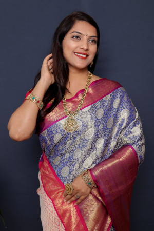 Blue color kanchipuram silk saree with zari woven work