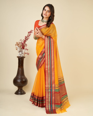 Mustard yellow color doriya cotton saree with woven design