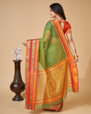 Mahendi green color kota doriya saree with zari weaving work