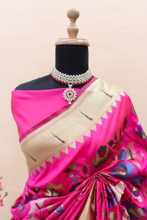 Rani pink  color paithani silk saree with zari weaving work