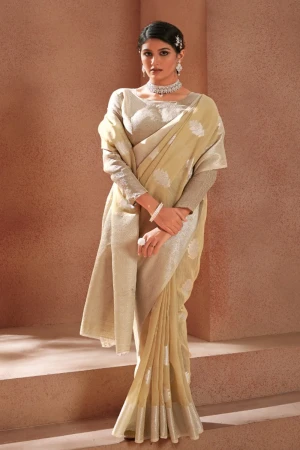 Cream color soft linen silk saree with zari weaving work