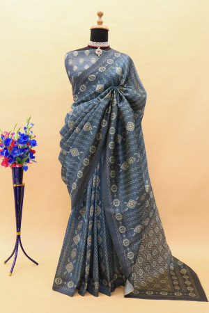 Firoji color soft cotton saree with printed work