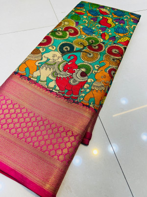 Rama green color kanchipuram silk saree with kalamkari printed work