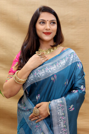 Firoji color cotton silk saree with zari weaving work