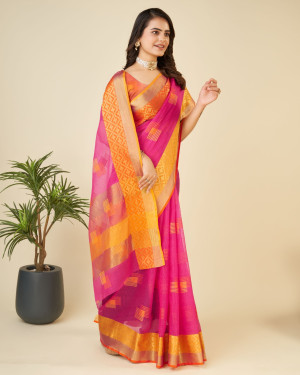 Pink color kota doriya saree with zari weaving work