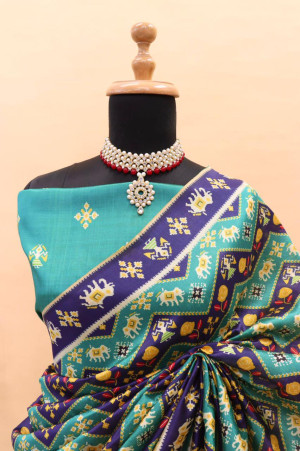 Sea green color soft cotton silk saree with digital patola design