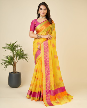 Light yellow color kota doriya saree with zari weaving work