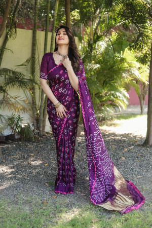 Magenta color bandhej silk saree with printed work