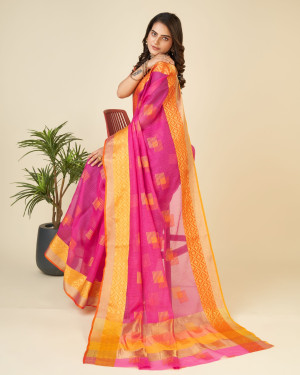 Pink color kota doriya saree with zari weaving work
