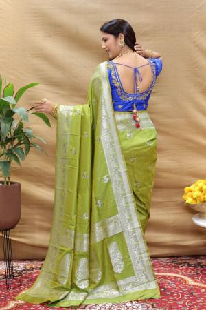 Mahendi green color cotton silk saree with zari weaving work