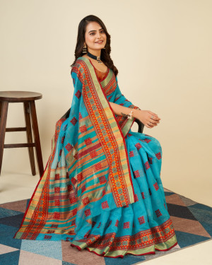 Firoji color doriya cotton saree with woven design