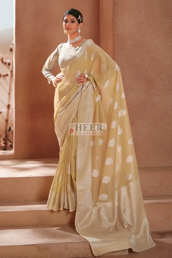 Cream Colour Heavy Sequin Saree Georgette