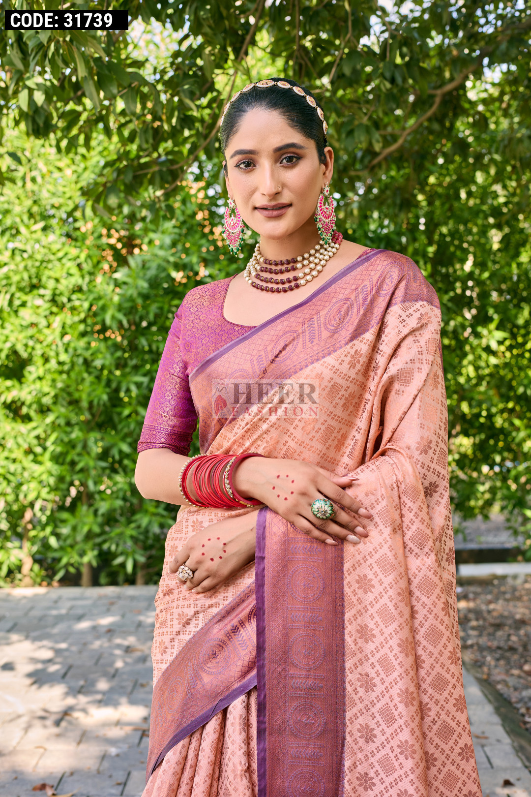 Peach color kanchipuram silk saree with zari weaving work