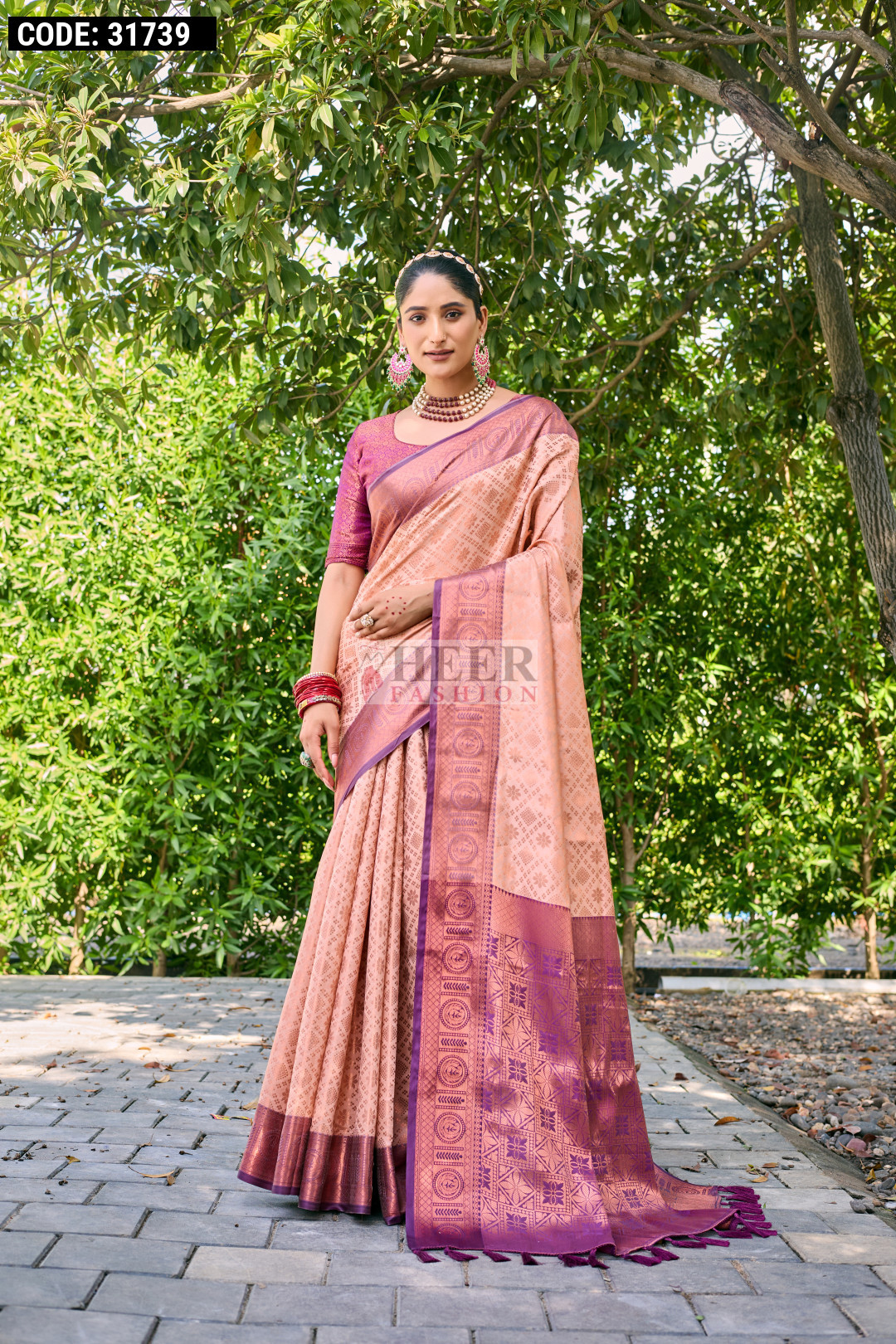 Peach color kanchipuram silk saree with zari weaving work