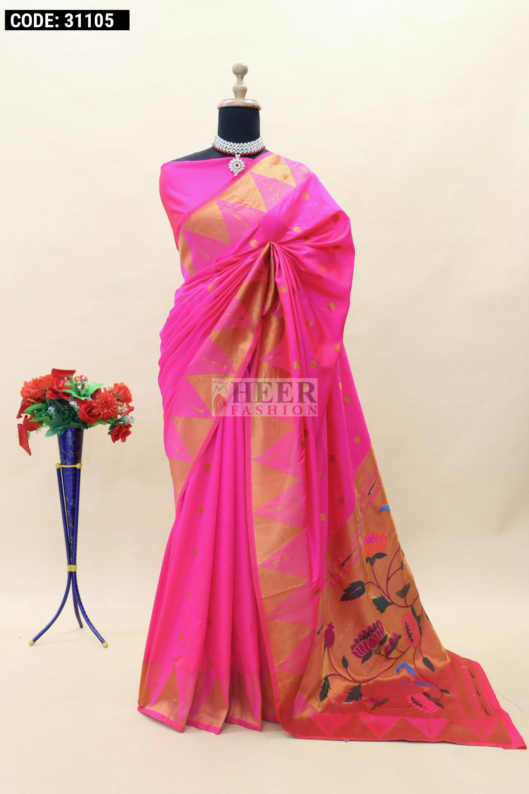 Coral Pink Soft Silk Zari and Resham woven Paithani Work Saree