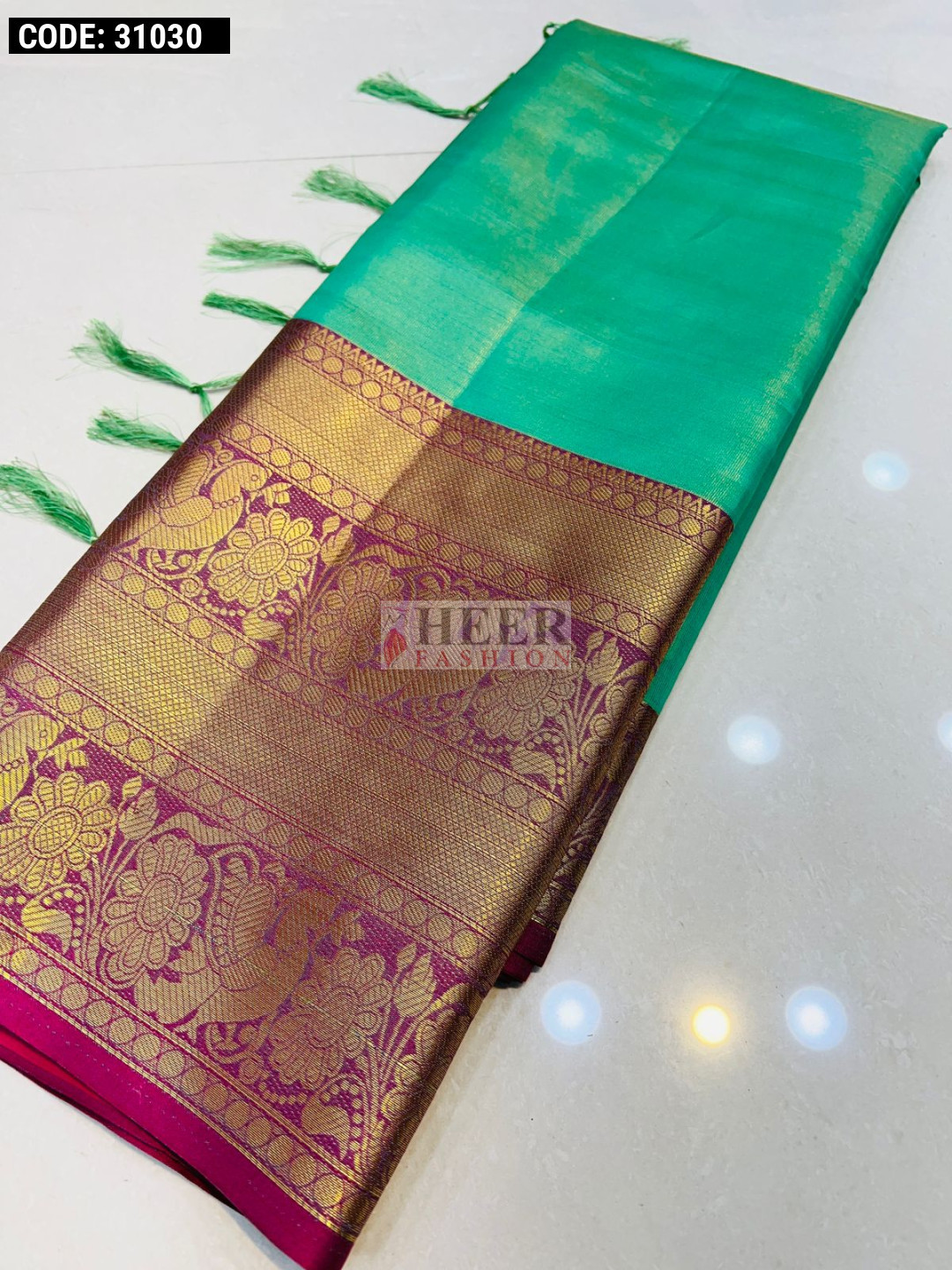 Kanchipuram Pure Cotton saree - Seafoam Green x Purple x Blue