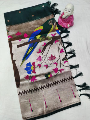 Dark green paithani silk saree with zari weaving work