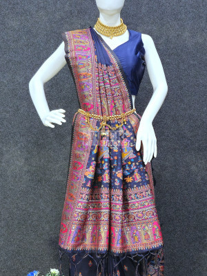 Woven Pashmina Silk Saree In Navy Blue