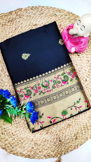 Black paithani silk saree with zari weaving work