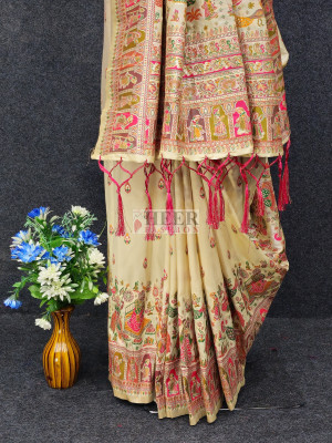 Woven Pashmina Silk Saree In Off White