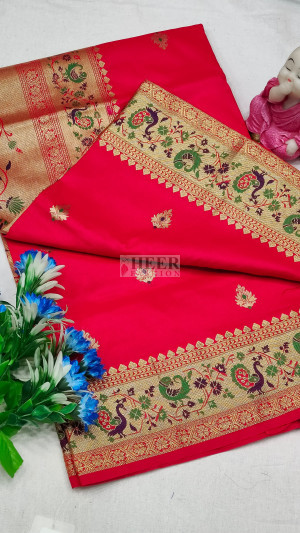 Red paithani silk saree with zari weaving work