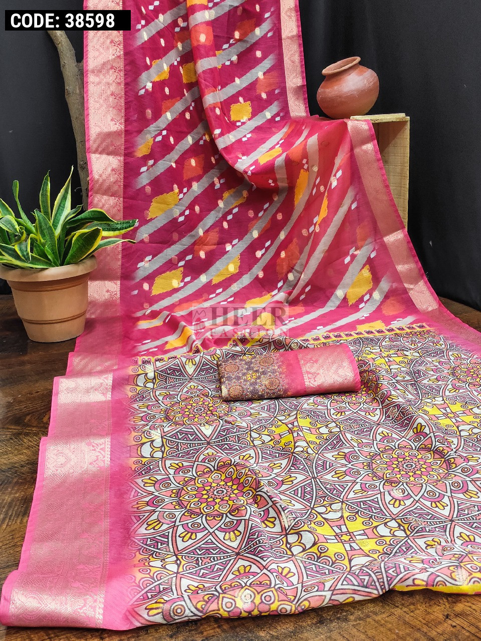 Pink soft dola silk saree with digital printed work