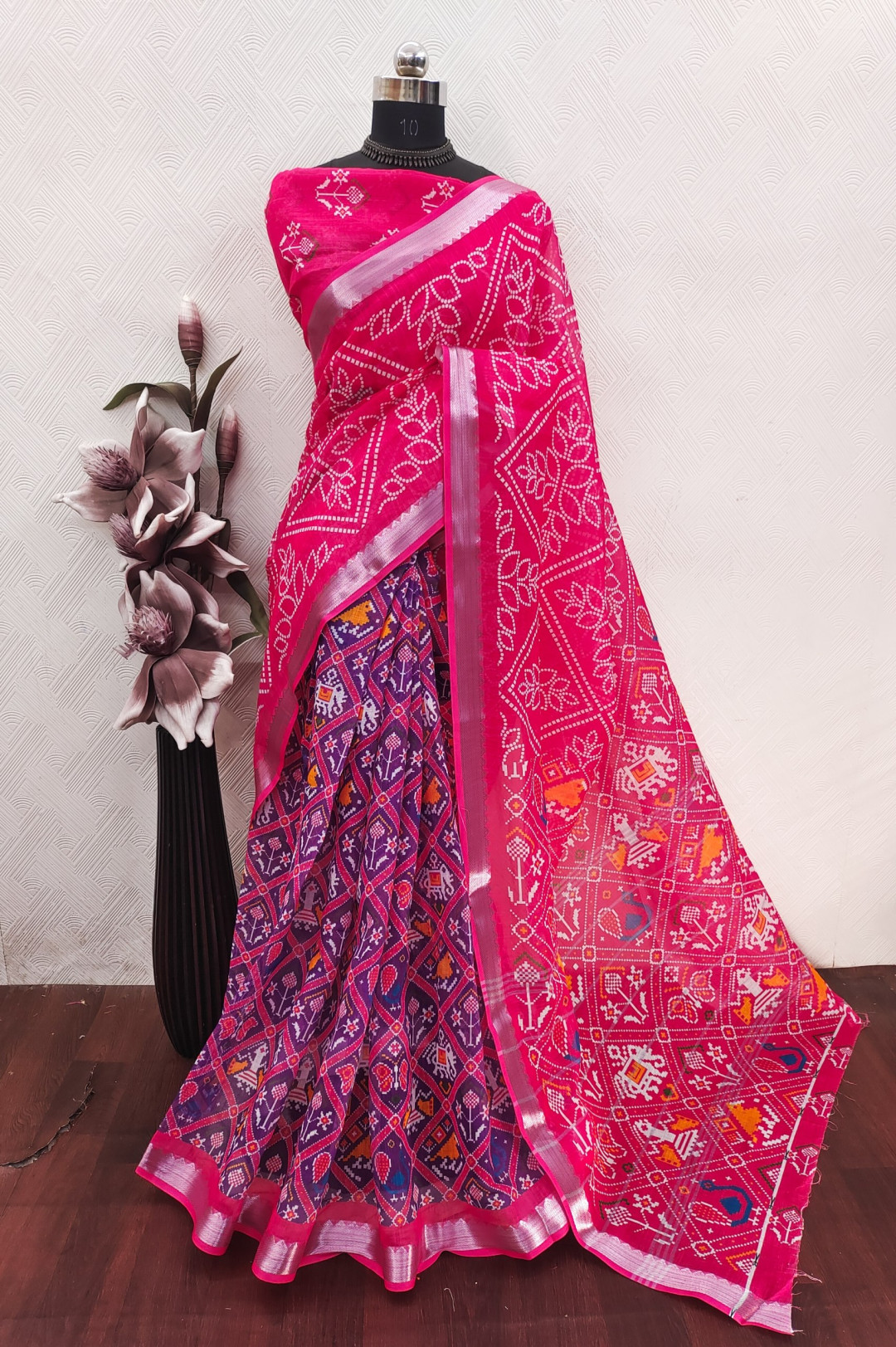 Heer Rani Purple and rani pink color soft linen cotton saree with patola printed ...