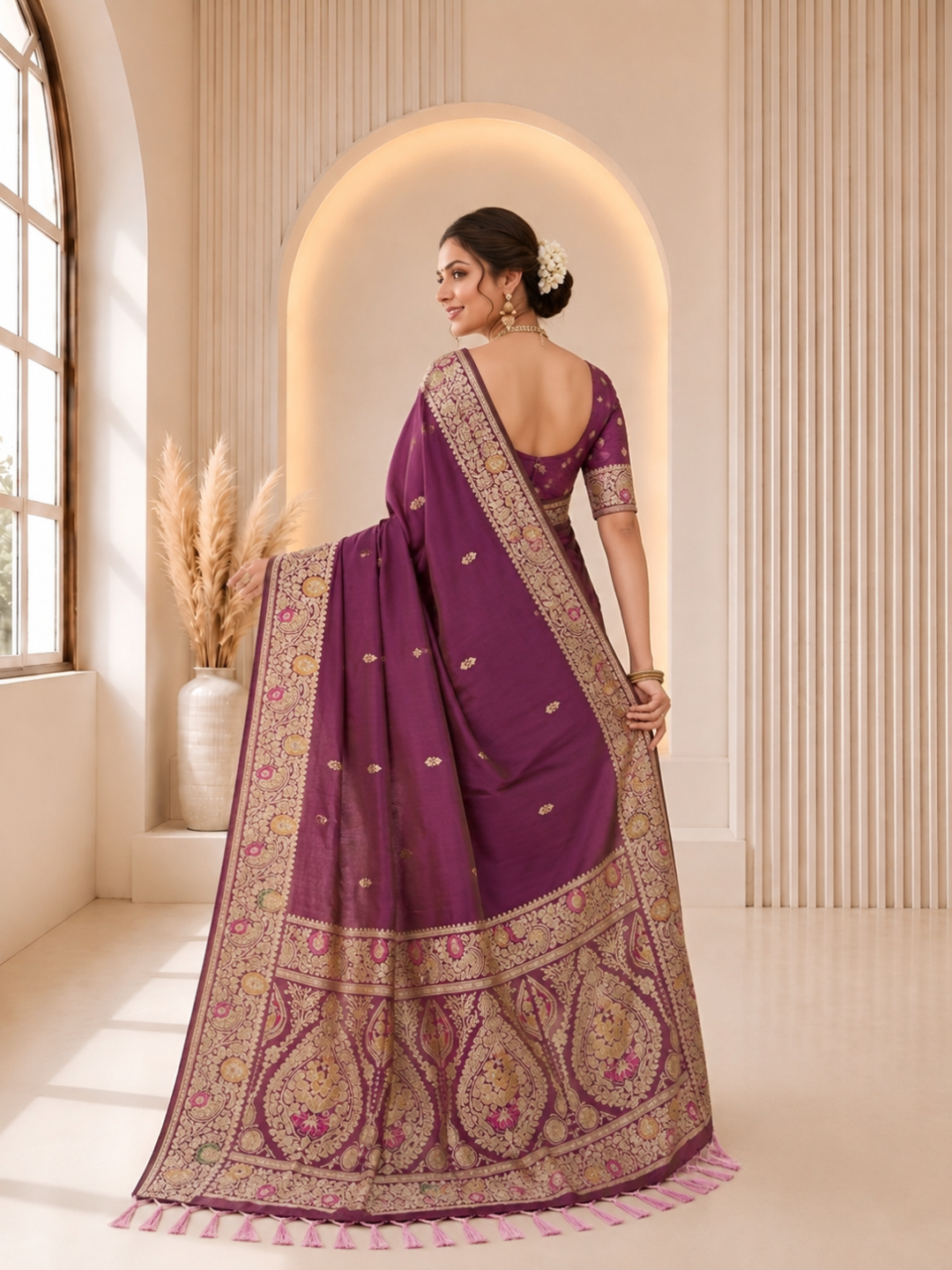 Magenta pink color soft banarasi silk saree with golden zari weaving work