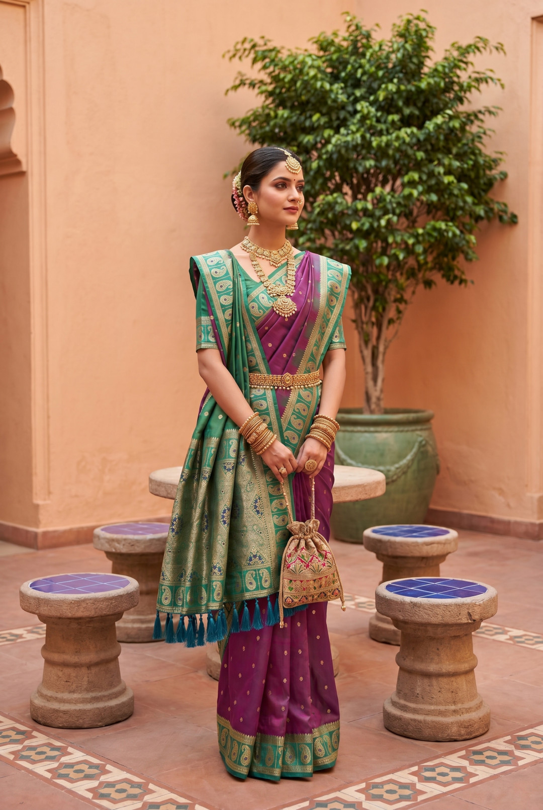Magenta pink color soft banarasi silk saree with golden zari weaving work