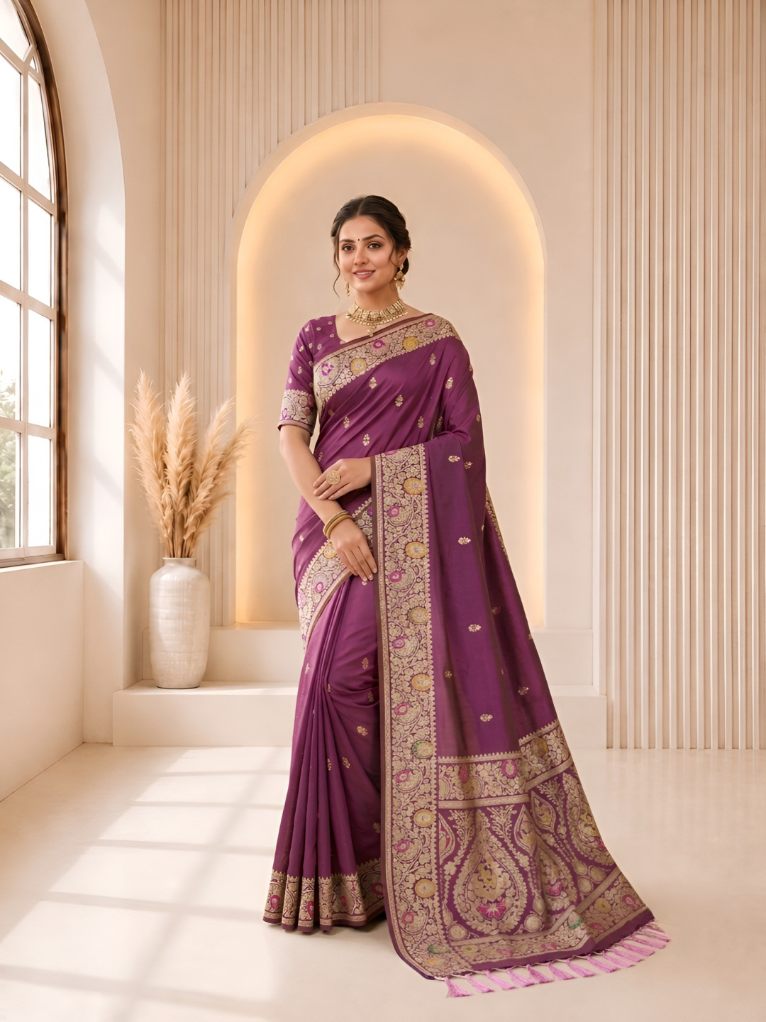 Magenta pink color soft banarasi silk saree with golden zari weaving work