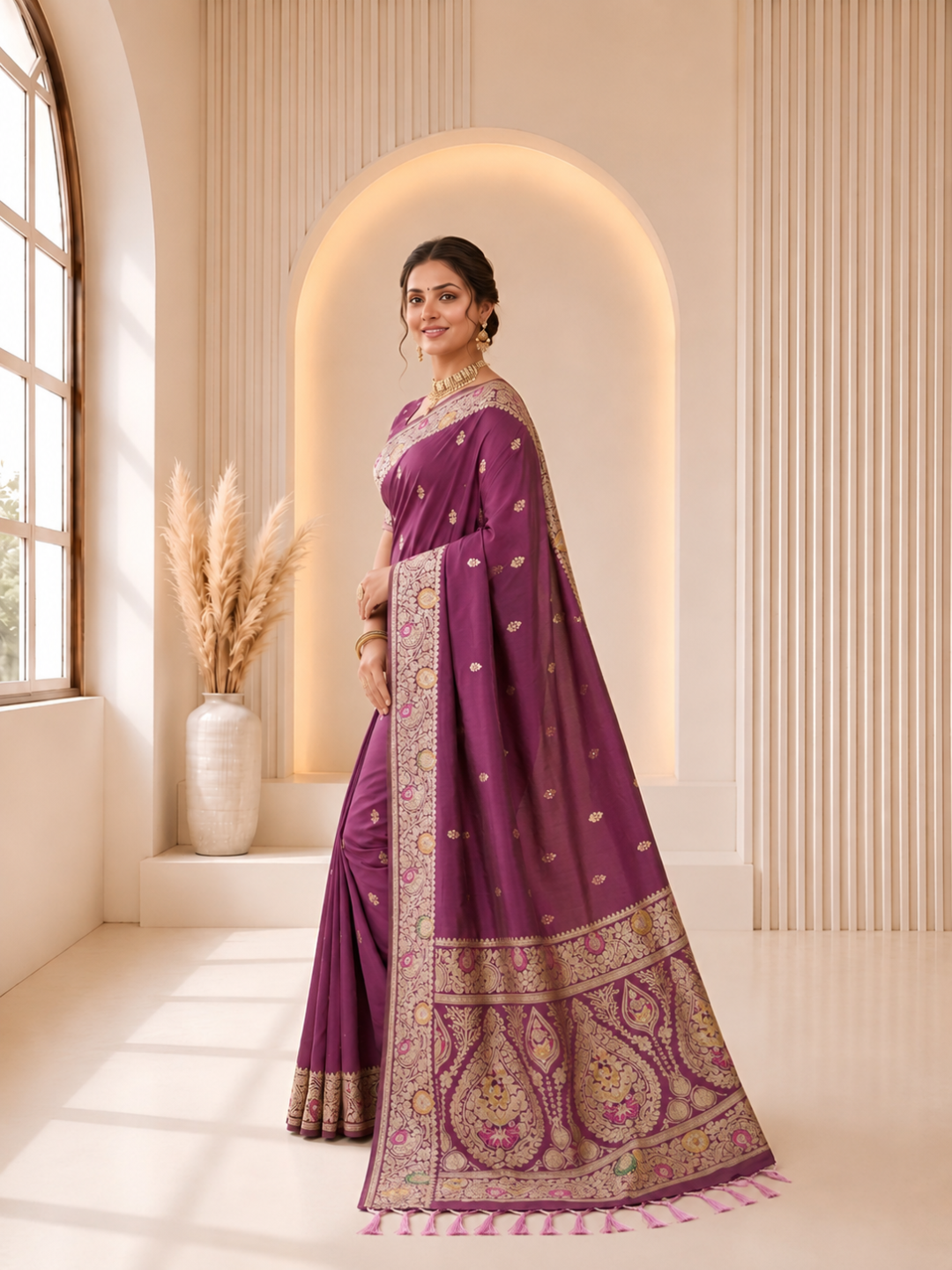 Magenta pink color soft banarasi silk saree with golden zari weaving work