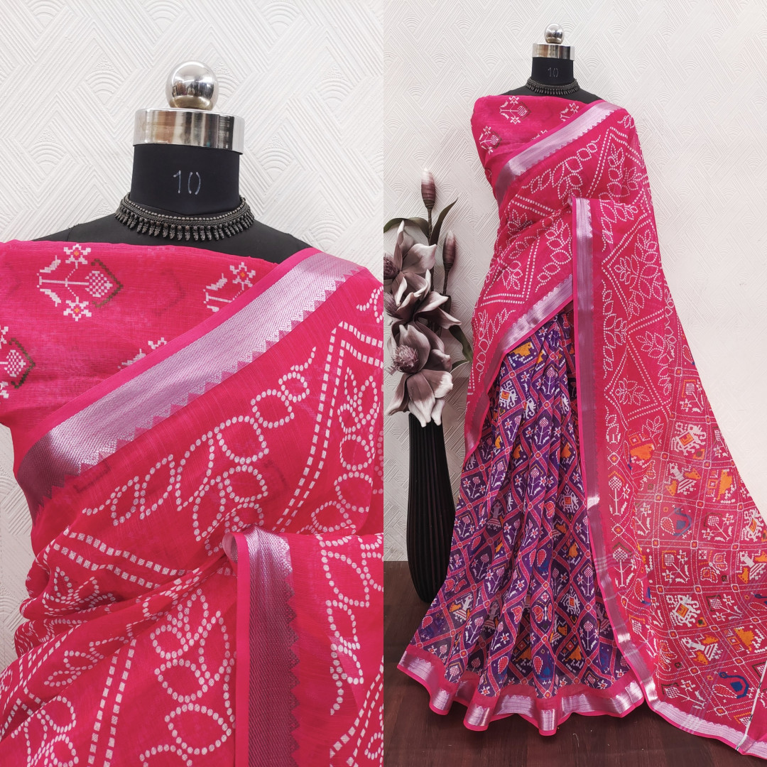 Heer Rani Purple and rani pink color soft linen cotton saree with patola printed ...