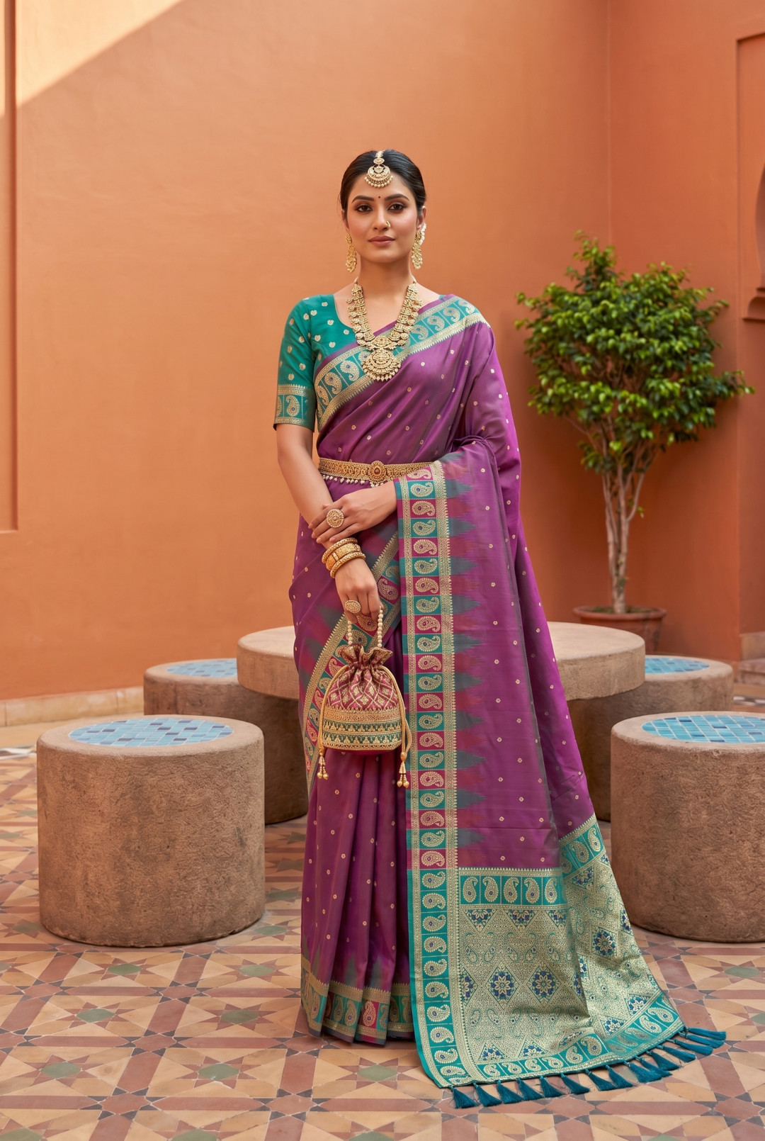 Magenta pink color soft banarasi silk saree with golden zari weaving work