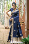Navy blue color soft banarasi katan silk saree with zari weaving pallu