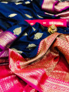 Navy blue color soft silk saree with contrast zari border and pallu