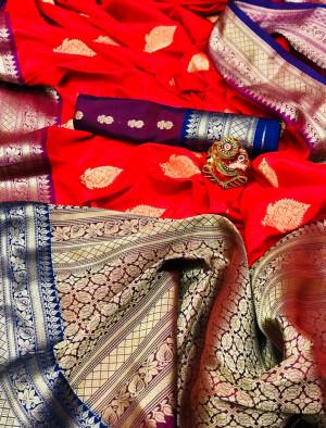 Red color soft silk saree with contrast zari border and pallu