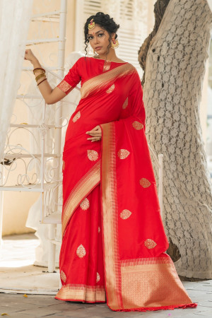 Red color soft banarasi katan silk saree with zari weaving pallu