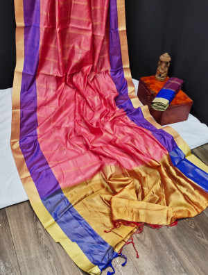 Chanderi cotton weaving saree with zari weaving checks