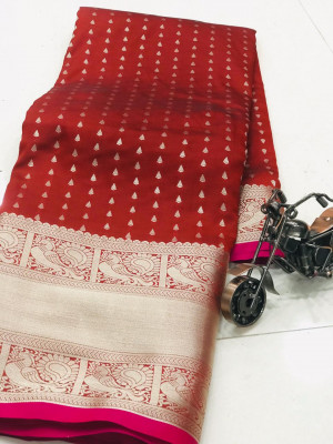 Red color banarasi silk saree with zari work