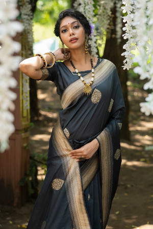 Gray color soft banarasi katan silk saree with zari weaving pallu