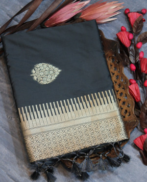 Gray color soft banarasi katan silk saree with zari weaving pallu