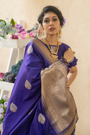 Royal blue color soft banarasi katan silk saree with zari weaving pallu