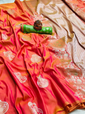 Peach color soft lichi silk  saree with zari weaving work