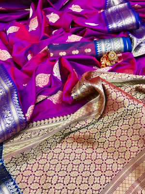magenta color soft silk saree with contrast zari border and pallu