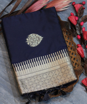 Navy blue color soft banarasi katan silk saree with zari weaving pallu