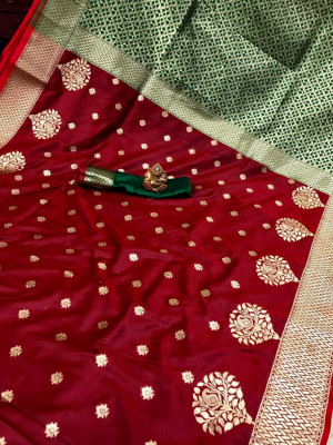 Red color soft banarasi silk saree with zari woven work