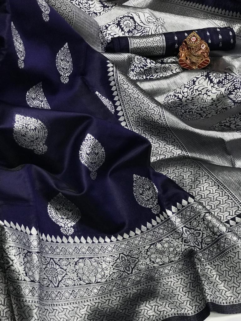 Janaki' Navy Blue Pure Katan Silk Real Zari Banarasi Handloom Saree - Tilfi