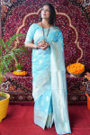 Sky blue color soft cotton silk weaving work saree