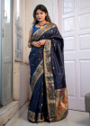 Navy blue color soft banarasi silk saree with zari work