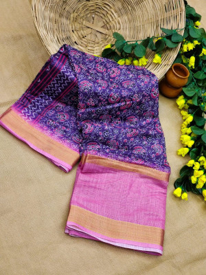 Navy blue color mulmul cotton saree with printed work